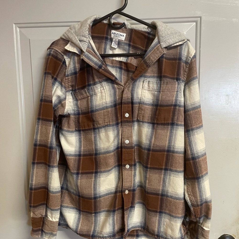 Men’s Arizona Jean Company Brown and Cream Flannel Plaid Hooded Shirt  M